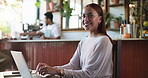 Laptop, face and woman in cafe for hybrid work, social media marketing and schedule post. Computer, coffee shop and portrait of freelance marketer with smile for sponsorship, ads and content creation