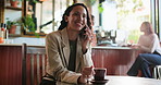 Woman, phone call and gossip in coffee shop for support, conversation and lunch break. Female person, chat and drink in cafe for bonding, communication and social networking in small business