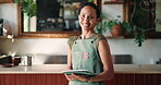 Face, barista and woman with tablet, cafe and stock order on web, laughing or scroll for menu update. Check, sales and person with tech for inventory management, entrepreneur and happy in coffee shop