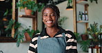 Happy, black woman and face of server in coffee shop for confidence in hospitality career. Smile, small business and portrait of African female waitress with pride for customer service in cafe.