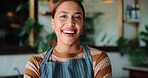 Happy, woman and face of waitress in coffee shop for confidence in hospitality career. Laugh, small business and portrait of female server with pride for customer service at cafe in Colombia.