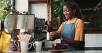 Black woman, barista and happy with coffee machine at cafe for prepare order, drink and job at diner. African person, server and equipment for warm beverage, cup and smile for service at restaurant