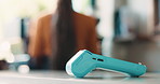 Woman, barista and cafe with pos machine for checkout, payment system or customer service. Female person, waitress or counter with electronic point of sale scanner for NFC or cashless coffee shop