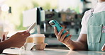 Hands, phone and pos for drinks at coffee shop with easy payment, click and paperless transaction. People, server and customer experience with order, smartphone and fintech app with cups at cafe
