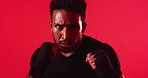 Serious, boxing and face of man in studio for workout, self defense or training for fitness with active. Sports, portrait and person with gloves for fighting or exercise with red light by background.