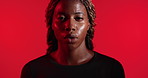 Tired, face and black woman with fitness, breathing and cardio workout on red studio background. Sweating, exhausted or person with training, rest and cool down and introspection for exercise goals
