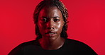 Tired, face and woman with training, breathing and cardio workout on red studio background. Sweating, fatigue or healthy person with fitness, rest and cool down and introspection for exercise goals