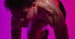 Man, fitness and mountain climbers at studio with training, shirtless and intense cardio with challenge on floor. Person, exercise and workout for abs, strong muscle and balance with wellness at gym