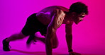 Fitness, man and mountain climbers in studio for workout, fast training and cardio on background. Exercise, core strength or shirtless person on floor for muscle development, endurance or motion blur