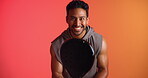 Fitness, face and athlete ready for padel game, concentration and sports training for coordination. Space, portrait or man with practice tennis match for skill development, smile or studio background