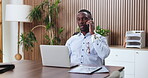 Laptop, phone call and trading with business black man in office for finance, planning or research. Computer, conversation and update with African employee in financial workplace for risk management