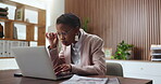 Black woman, laptop and typing in office for legal research, case preparation and drafting lawsuit report. Business attorney, employee and technology for online court review, planning and email
