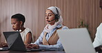 Headset, laptop and speaking with woman in call center for assistance, help or online support. Computer, customer service and talking with agency employee typing in office for contact or feedback