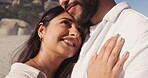 Thinking, woman and couple at beach, love and bonding on summer holiday, hug or romance with partner. Sea, man and embrace with lover on vacation, happiness and commitment for relationship in nature