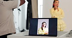 Laptop screen, photography and people in studio, backstage photoshoot and catalog selection. Magazine agency, man or woman in workplace, equipment or computer for visual project or production process