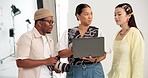 Laptop, team and production with director, photographer and model for collaboration in studio. Art, photography and creative man with women on set together for teamwork, magazine or catalog session