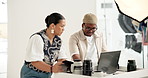 Creative, people and photographer in studio with laptop, director advice and planning for campaign. Photography, team and collaboration on set with computer, photoshoot review or checklist for ideas.