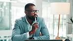 Business, investor and black man in office, thinking and checklist for company audit. African person, contemplation and financial advisor in workplace, reflection and decision for trading opportunity