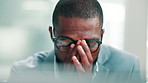 Headache, investor and black man in office, computer for investment fail and stock market crash. African person, financial loss and trader in workplace, bankruptcy and mistake for audit and migraine