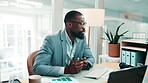 Video call, explaining or black man in office with laptop, funding pitch or feedback on client portfolio. Digital, stats or finance analyst with tech, online meeting or investment proposal in firm.