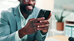 Man, typing and search in office with phone, text message and email notification for financial news. Black person, browse and scroll in workplace with tech, website or mobile app for finance article.