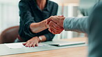Document, people or handshake at desk in office, partnership agreement or joint venture contract. Deal, teamwork or staff shaking hands for investment project merger, meeting or profit opportunity