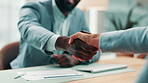 Paperwork, meeting or people with handshake in office, partnership agreement or joint venture contract. Deal, collaboration or staff with investment project merger, shake hands or profit opportunity