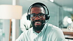 Call center, face or black man in agency with headset, contact us or advice in crm service. Laugh, portrait or consultant in office with microphone, online assistance or feedback in client support.