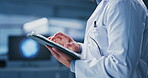 Scientist, online and hands with tablet, lab and medical research for treatment plan and healthcare. Pharmaceutical, info and person with tech for innovation, scroll and study for drug development