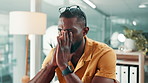Black man, glasses and eye strain with computer at office with stress, mistake and tired at media company. African person, frustrated and exhausted with pc, glitch or burnout with pain at agency