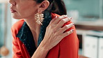 Fatigue, stress and businesswoman in office with shoulder pain, injury or bad ergonomics. Burnout, tension and female corporate employee with muscle sprain, inflammation or arthritis in workplace.