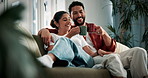 Relax, couple and coffee toast on sofa for marriage goals, bonding together and conversation. Love, people and happy with beverage cheers in home for relationship milestone, weekend break and support