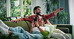 Relax, phone and couple on sofa for watching tv for bonding, connection and talking on weekend. Happy, home and man with woman on smartphone for entertainment, social media and relationship together