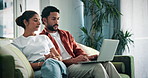 Couple, laptop and support with discussion on sofa for startup research, proposal advice or trust. Entrepreneur, people and happy with tech in home for small business planning, pitch help and bonding
