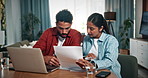 Home, documents and couple on laptop for finance review, budget planning and savings for future. Marriage, house and man with woman on computer for financial report, online payment and mortgage bills
