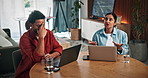 Frustrated, couple and laptop with debt in home for argument, bankruptcy or financial crisis. Upset, man and woman with disagreement on computer for bad investment, loss or mistake together in house