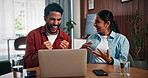 Happy couple, winning and laptop with hug in home for good news, investment or profit. Excited, man and woman with smile on computer for salary bonus, notification or promotion together in house