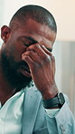 Frustrated, black man and headache with stress in office for eye strain, mistake or brain fog. Closeup, businessman or employee with glasses, migraine or pressure for project deadline in workplace