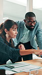 Investor, conversation and business people in office, help or coaching for investment deal. Financial advisor, man or woman in workplace, discussion or advice for trading opportunity or profit growth