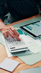 Hands, calculator and tablet at office with notes, budget review and payroll management at company. Person, accountant and paperwork with graphs, tech and admin with application at financial agency