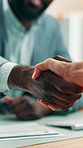 Meeting, staff or handshake with contract in office, joint venture agreement or partnership commitment. Capital contribution plan, teamwork or people shaking hands for deal, profit opportunity or b2b