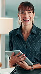 Face, laughing and businesswoman with tablet, office and financial trends on web, reading and online. Economist, research and mature person with tech for investment report, forecasting and project