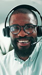 Face, employee and man with headset, office and confident with glasses, onboarding or screening call. Happy, recruiter and black person with mic for communication, recruitment and talent acquisition