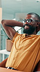 Creative agency, relax or black man in office, smile or completed assignment for publication. African person, copywriting or journalist in workplace, finished task or stretching with rest or success