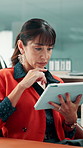 Woman, scroll and thinking in office with tablet, research or online trend for social media marketing. Mature person, reading and browsing in workplace with tech, website or planning for advertising.