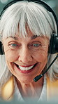 Customer care, talking and happy woman in call center for help, contact us and service in office. Headset, mature agent and speaking to client at work for assistance, support or feedback with advice