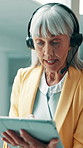 Call center, tablet and woman in office with headset, contact us or advice in crm service. Professional, tech and mature consultant in agency with mic, online assistance or feedback in client support