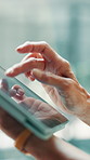Tablet, scrolling and hand of businessperson in office with research, communication or email for finance. Digital technology, reading and financial advisor with contact for investment proposal.