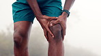 Hands, knee pain and joint injury with massage for training, workout or exercise accident. Sports, fitness and athlete men or runner with fibromyalgia, inflammation or arthritis for jog on mountain