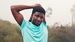Black man, stretching arms and fitness on mountain with breathing, flexibility or wellness in morning fog. African person, runner and warm up for circulation, outdoor and prepare for exercise in mist